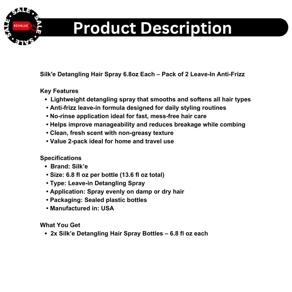 Silk'e Detangling Hair‎ Spray 6.8oz Each – Pack of 2 Leave-In Anti-Frizz
